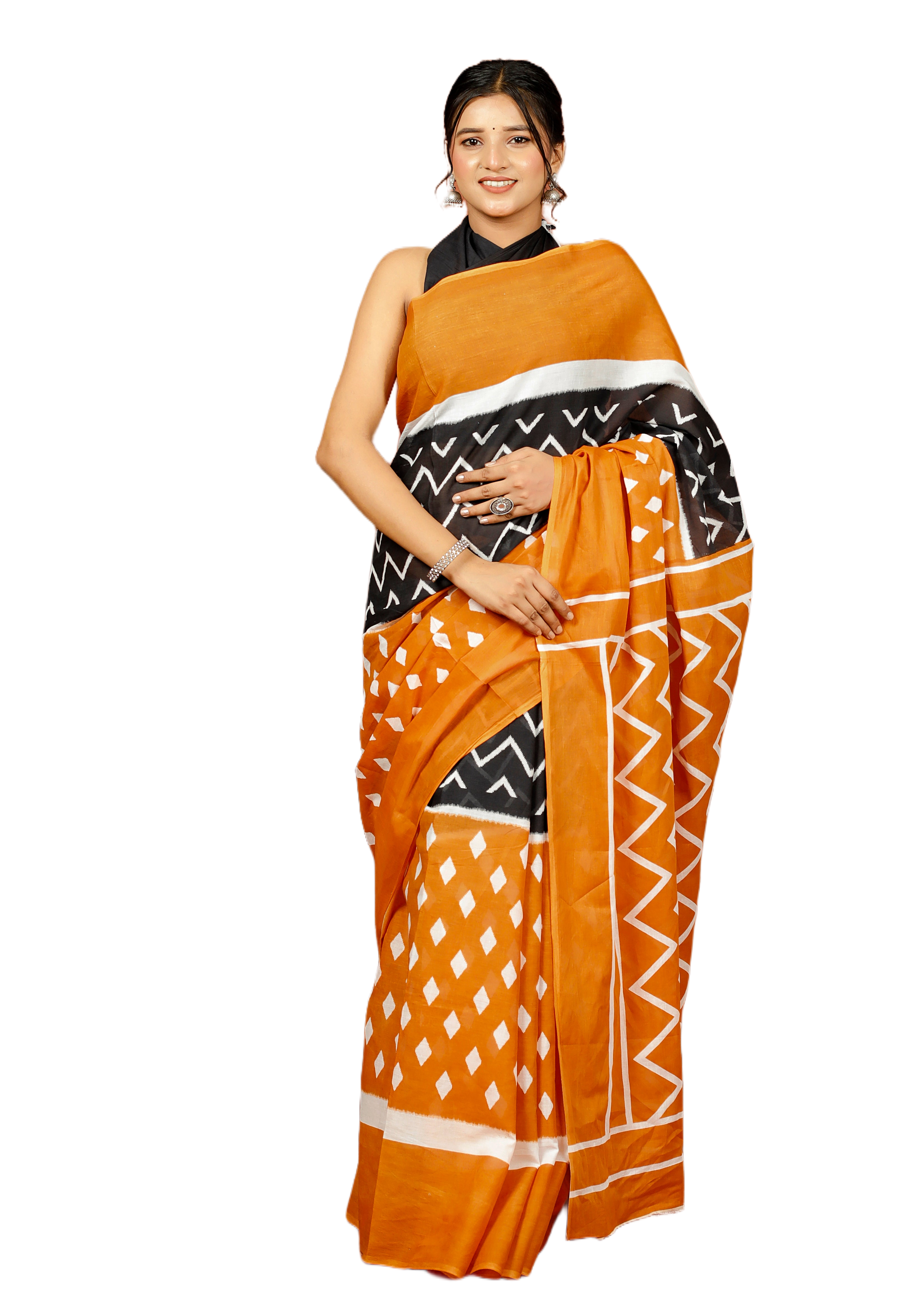 Traditional Orange and Black Printed Saree with Blouse Piece view 4